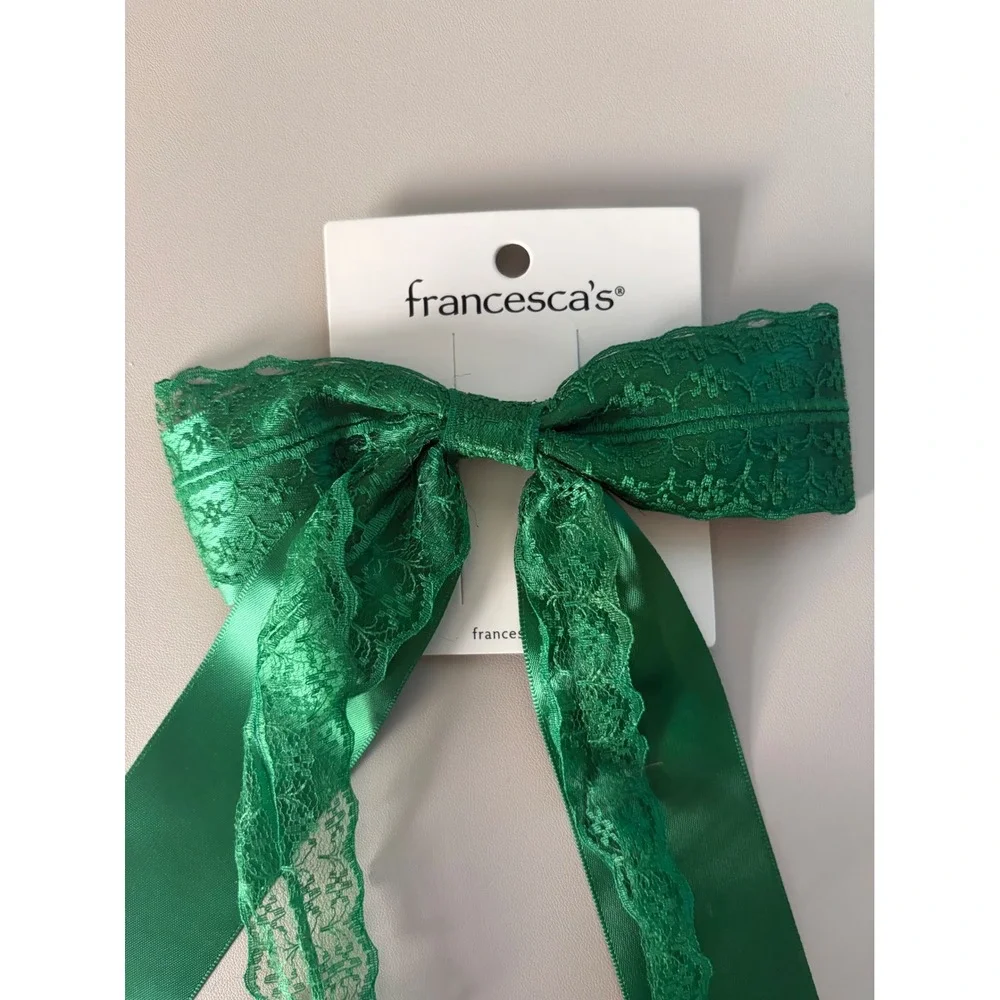 Francescas Forest Green Satin and Lace Oversized‎ Hair Bow Clip Accessory
